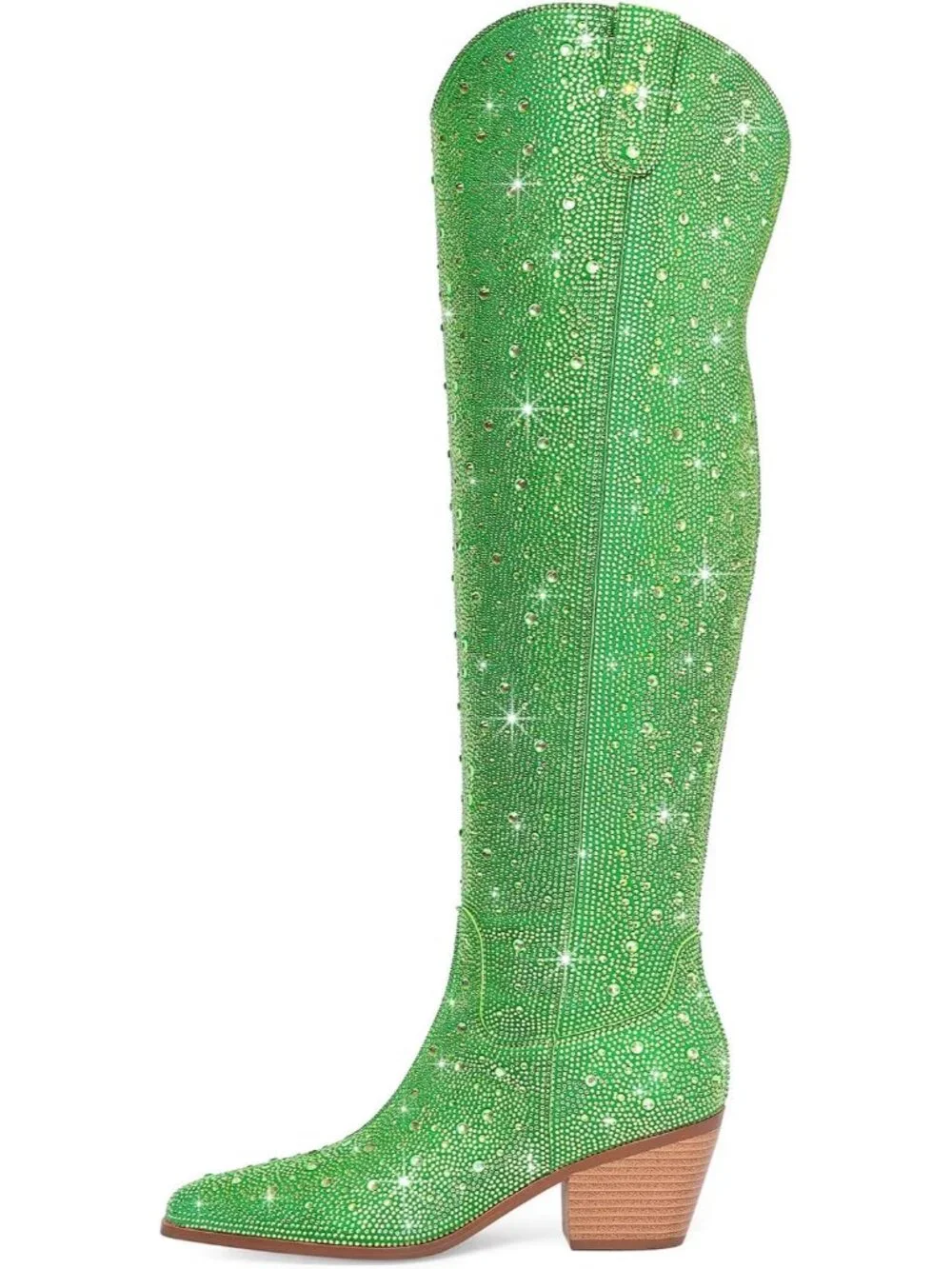 Women's Green Rhinestone Sparkly Bling Side Zippers Over the Knee High Boots